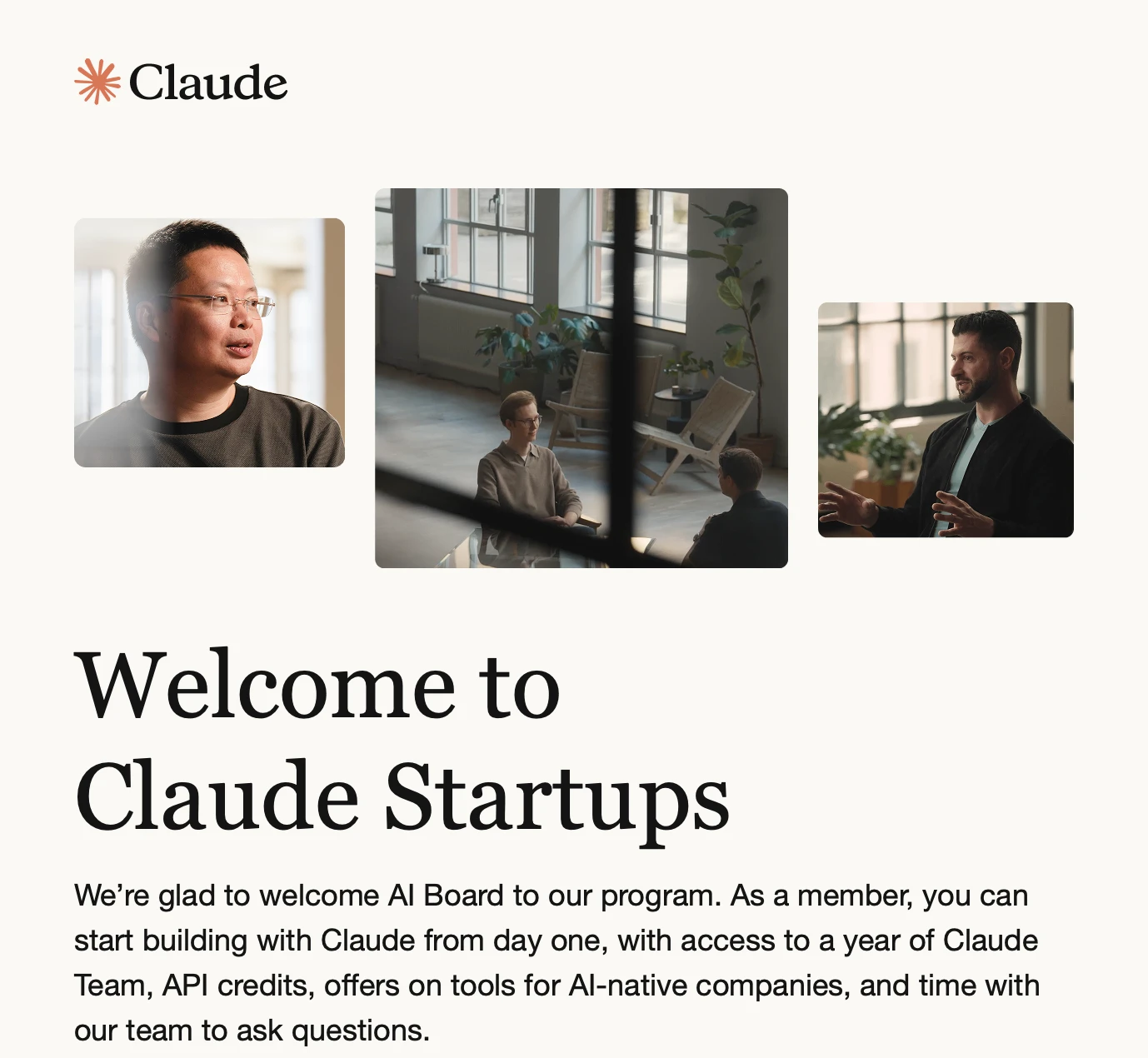 De welkomstpagina van Claude Startups met de zin "We're glad to welcome AI Board to our program."